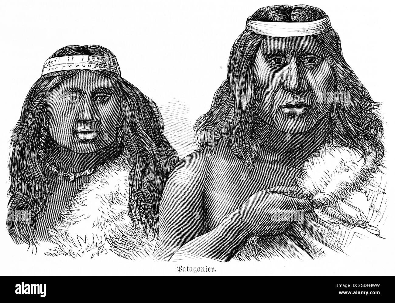 Patagonian people at times of colonialism 16th century, Patagonia, Argentine, South America, historic illustration 1881 Stock Photo