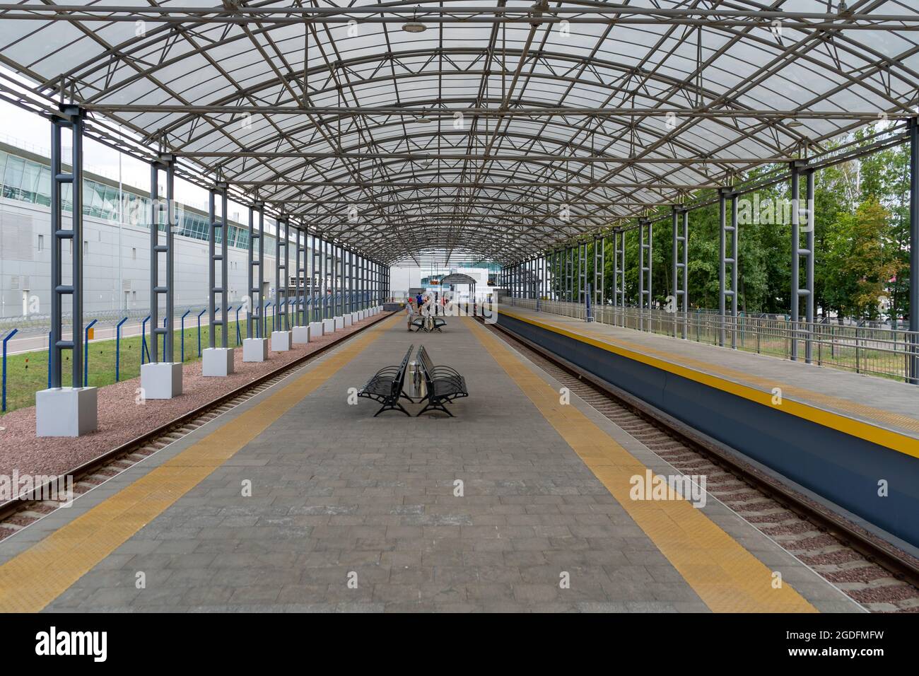 Ukraine, Kyiv - August 3, 2021: Empty Ukrzaliznytsia station in Boryspil airport. Railway station. Ukrainian travel. Without people Stock Photo
