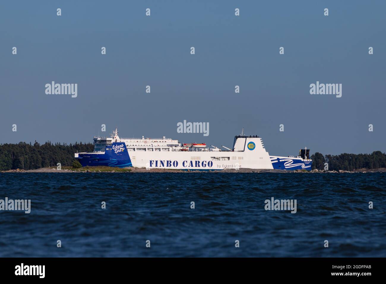 Ropax-vessel Finbo Cargo approaching Vuosaari Harbour on one of its regular crossings from Muuga, Estonia on July 11, 2021. Stock Photo