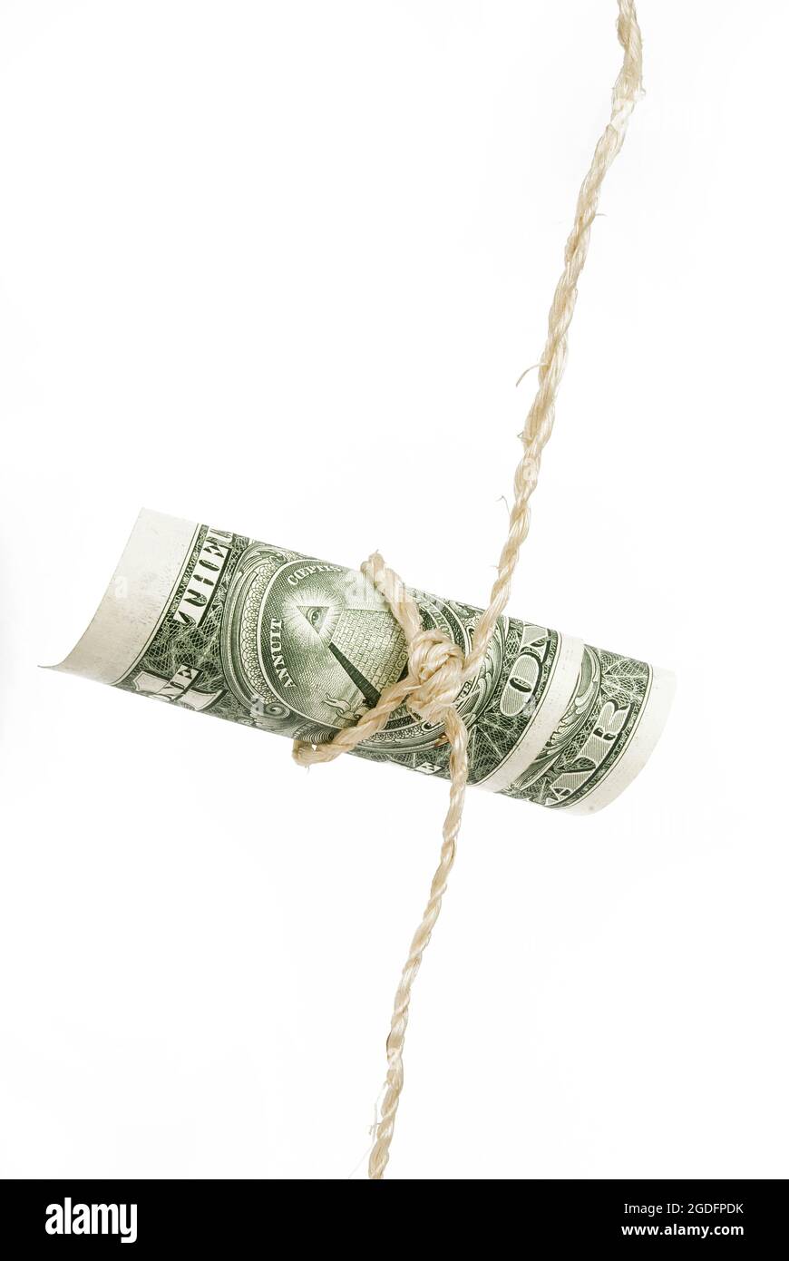 Shoestring budget dollar. string or twine tied in a bow isolated on ...