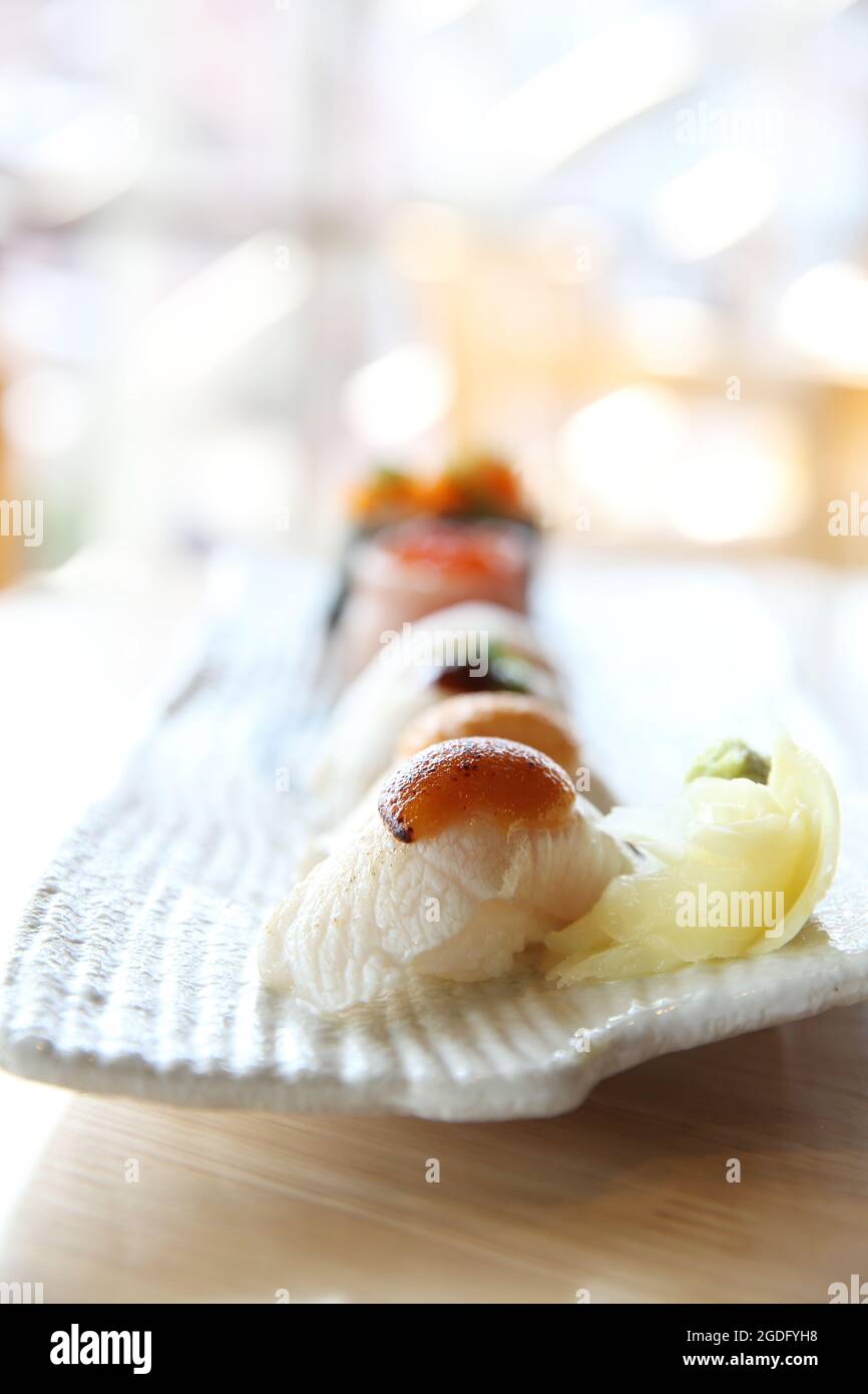 Japanese amberjack sushi , Hamachi sushi , Japanese food Stock Photo