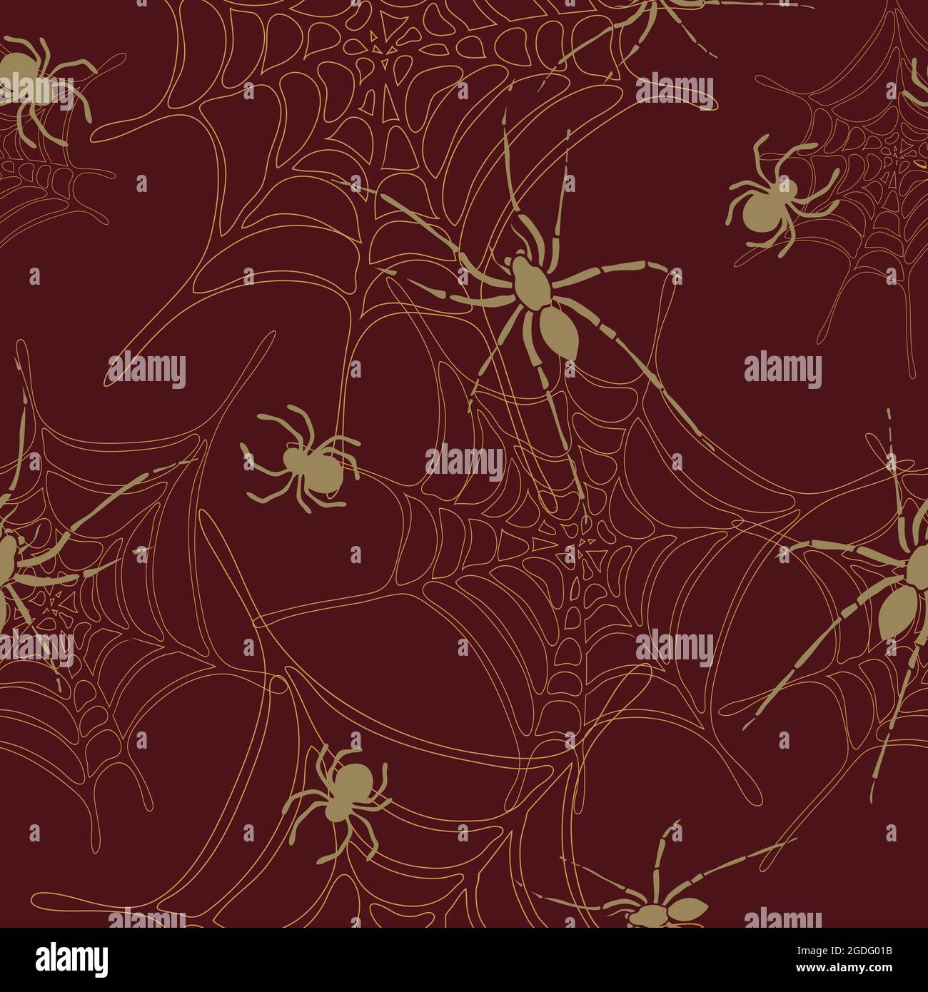 Seamless vector pattern with spiders and spiderweb on dark red background. Insect animal wallpaper design crawling creepy tarantula. Stock Vector