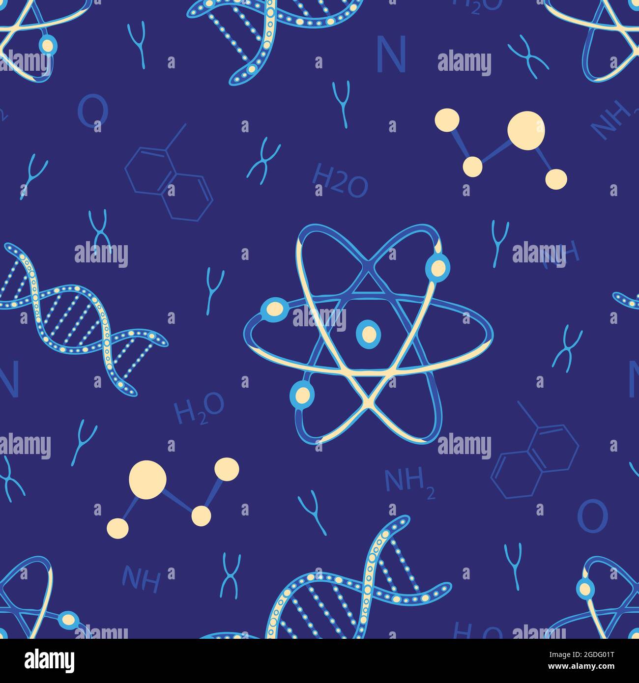 Seamless vector pattern with DNA and atoms on purple background. Fun chemistry wallpaper design for children. Decorative science fashion textile. Stock Vector