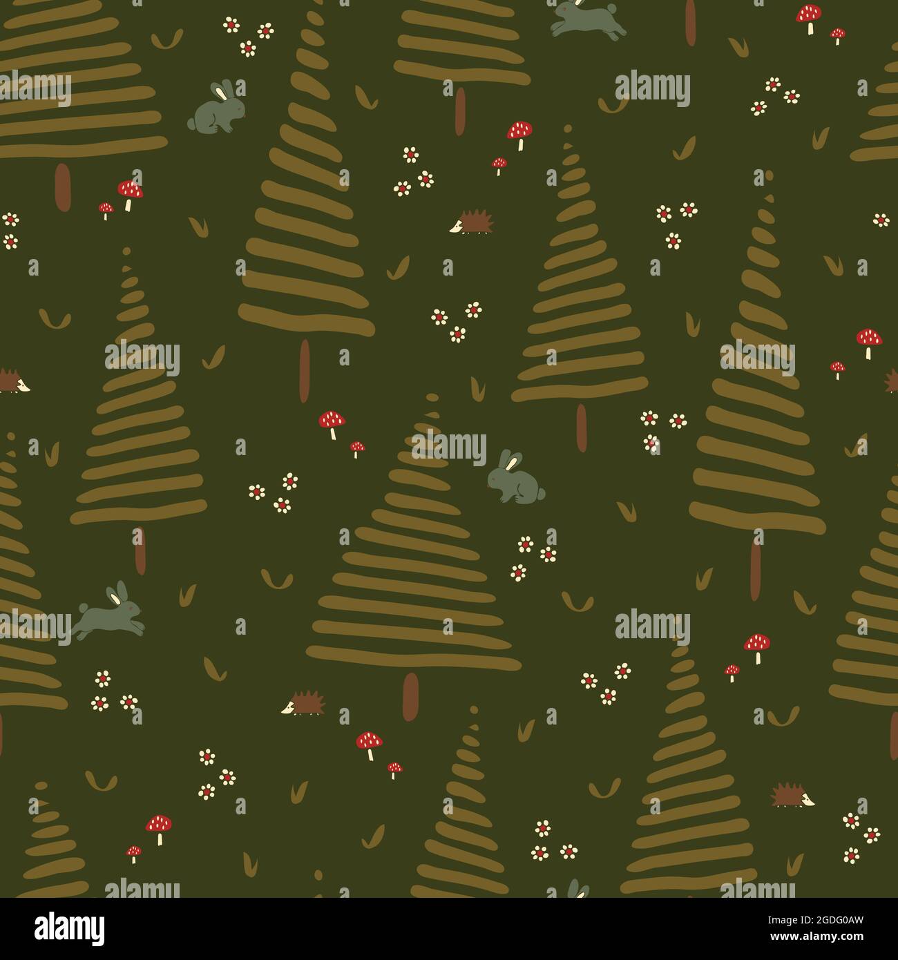 Seamless vector pattern with cute bunnies and hedgehogs on dark green ...