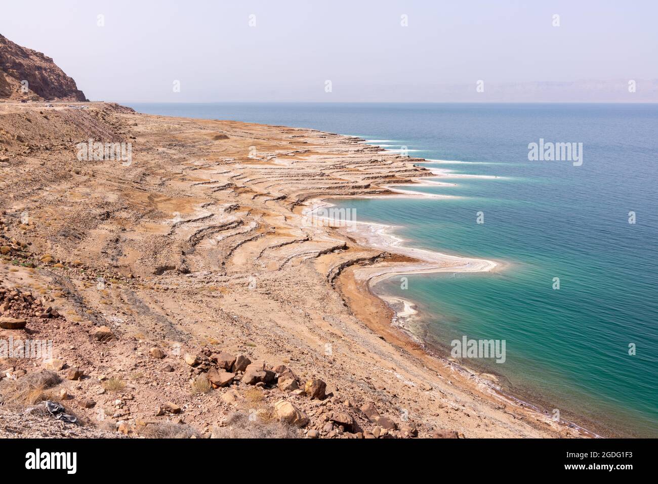 View of the Dead Sea Coastline in Jordan. Stock Photo