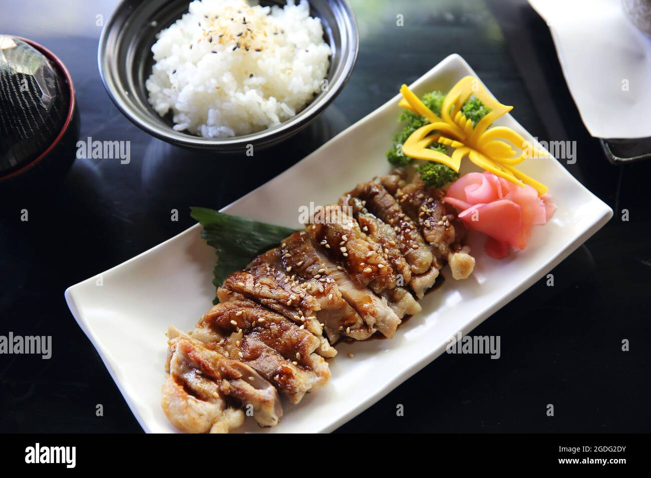chicken teriyaki set with rice and soup japanese food Stock Photo Alamy