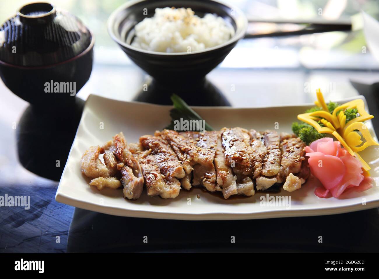 chicken teriyaki set with rice and soup japanese food Stock Photo Alamy