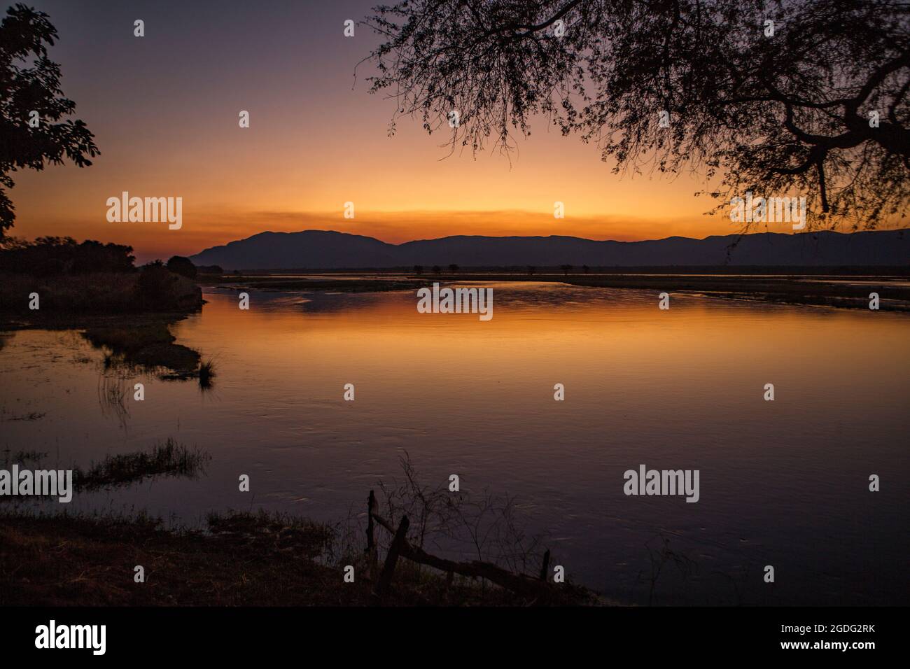 Sunset over Zambezi RIver, Mana Pools, Zimbabwe Stock Photo