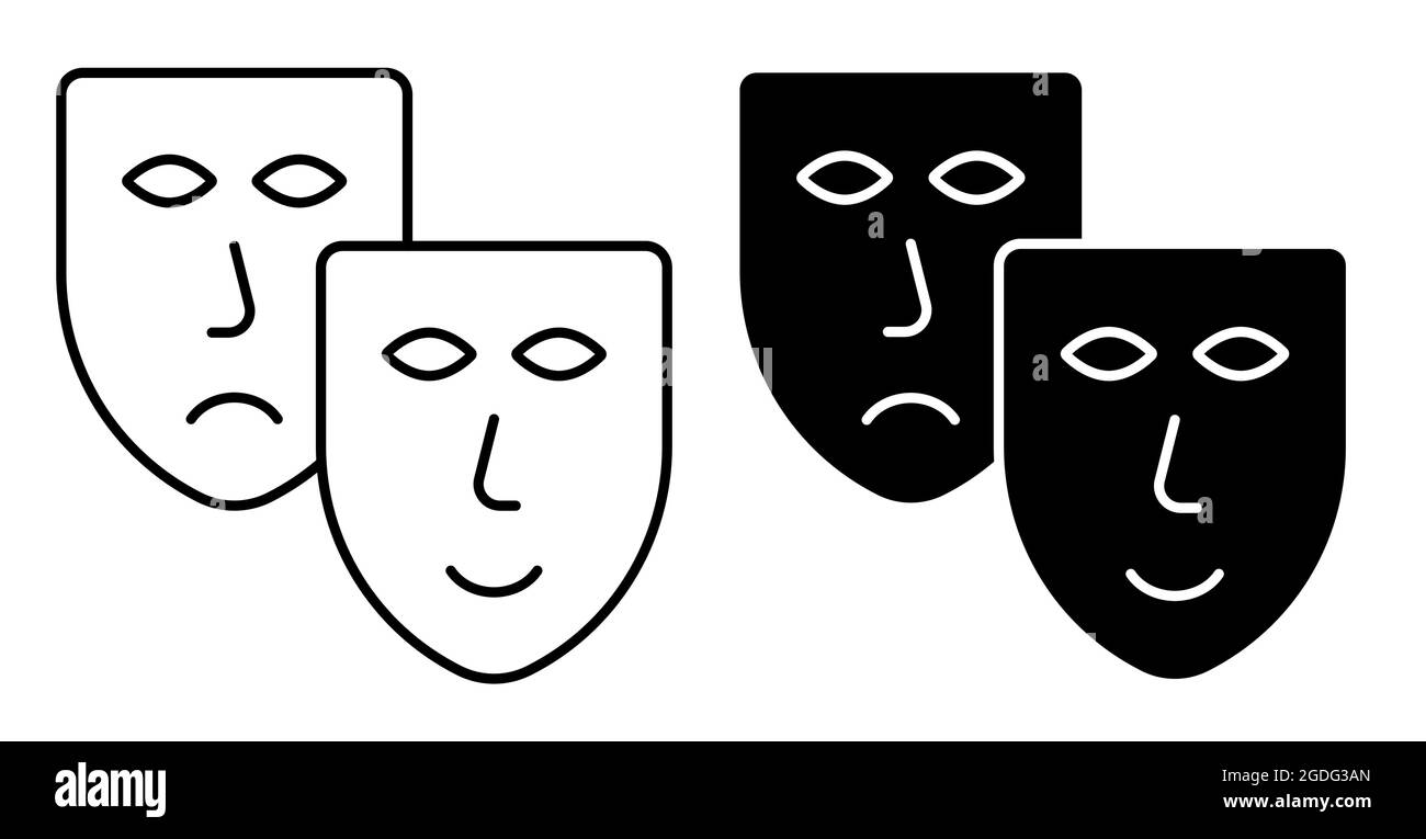 Linear icon. comedy and tragic theatrical masks together. Theatrical premieres, circus poster. Simple black and white vector isolated on white backgro Stock Vector
