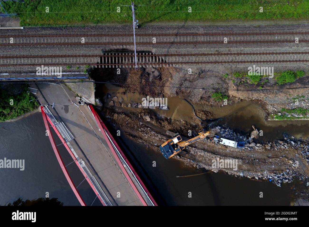 Aerial drone illustration shows  workers repairing damaged train tracks between Chaudfontaine and Trooz, Friday 13 August 2021. Last month's floods de Stock Photo