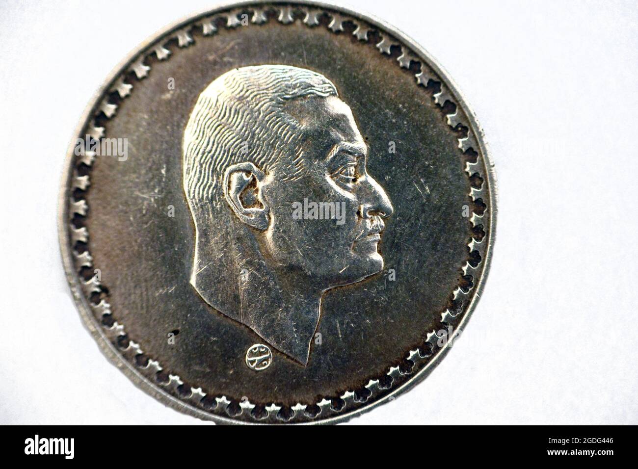 the obverse side of an old Egyptian silver coin 1LE one pound 1970, Subject President Nasser, commemorative coin for president Gamal Abdel Nasser Stock Photo