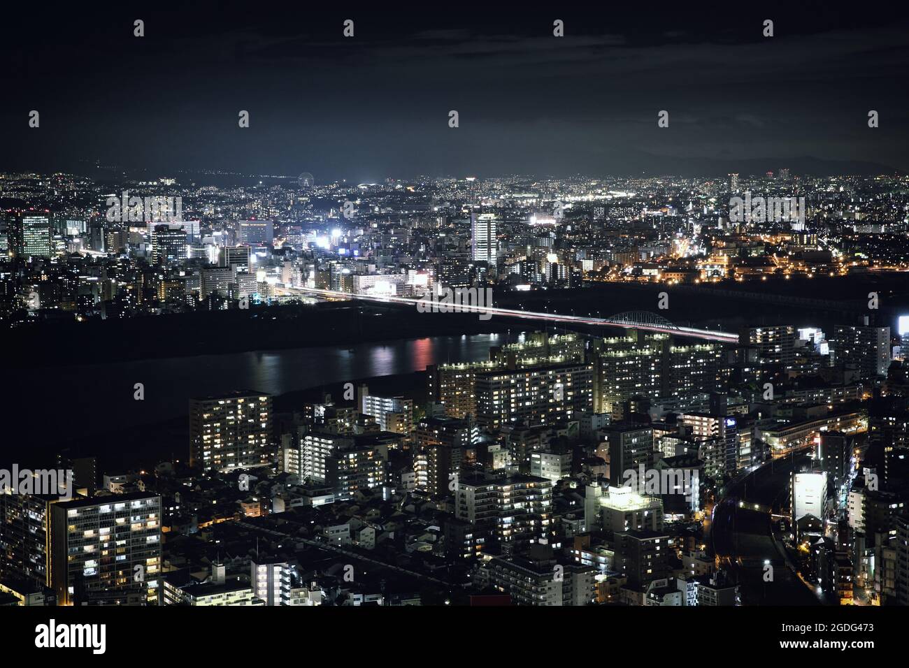 Osaka city in Japan cityscape at night view Stock Photo