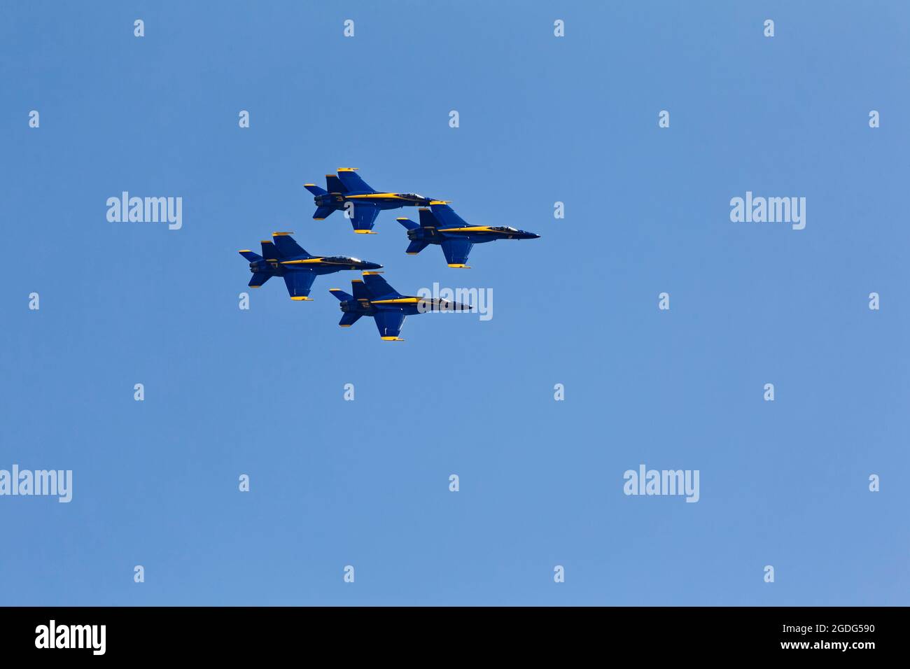 The United States Navy's Blue Angels flight demonstration squadron practices for the Owensboro Air Show on Thursday, August 12, 2021 in Owensboro, Daviess County, KY, USA. More than 30,000 people typically attend the annual three-day event, which had to be canceled in 2020 due to the COVID-19 pandemic. (Apex MediaWire Photo by Billy Suratt) Stock Photo