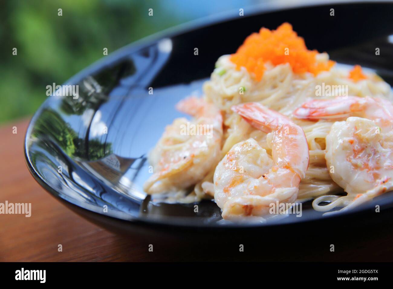 Shrimp spaghetti with white sacue Stock Photo