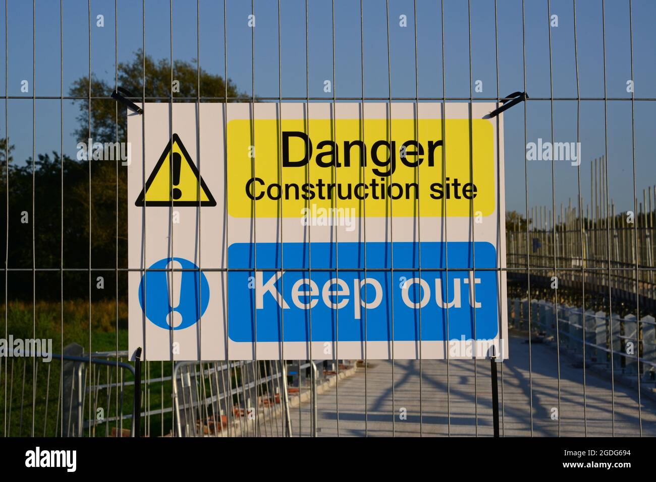 keep out warning sign at construction rebuilding off hagg bridge near Melbourne Yorkshire United Kingdom Stock Photo