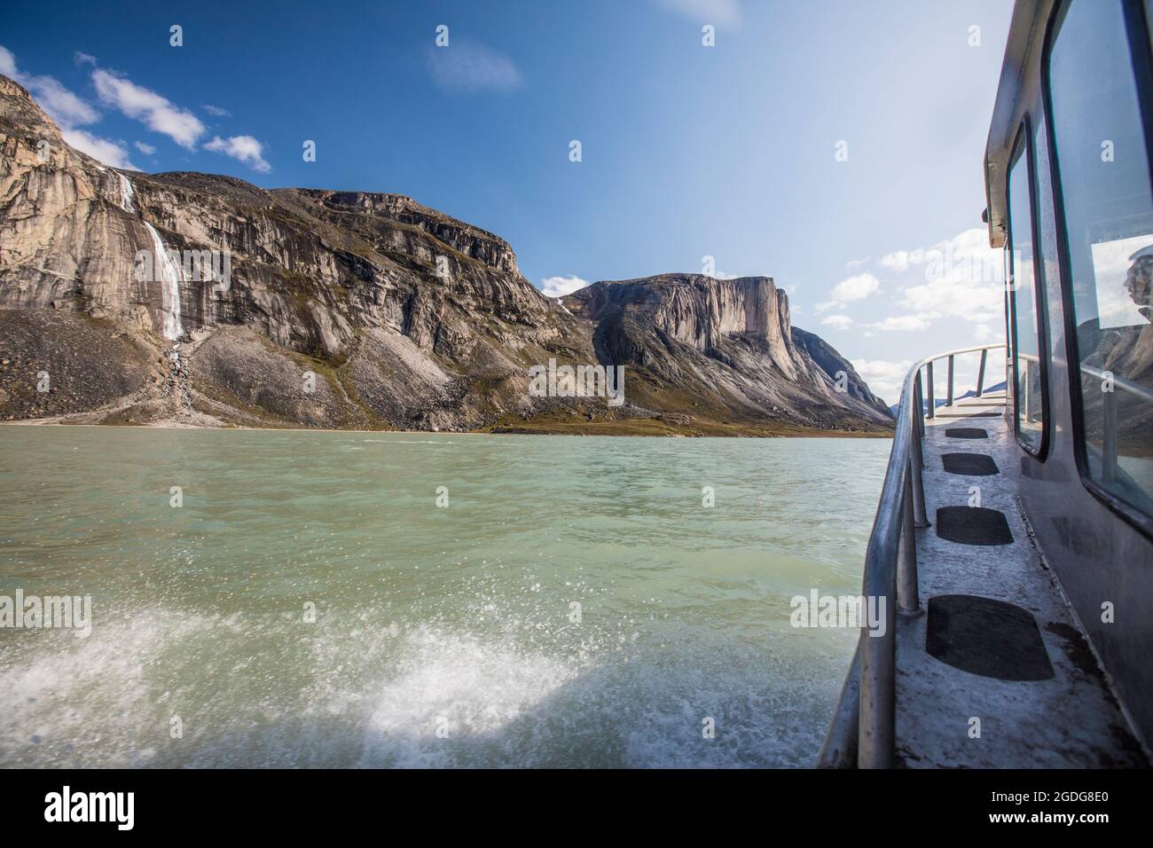 Scenic view of fjord on Baffin Island from a aluminum boat. Stock Photo