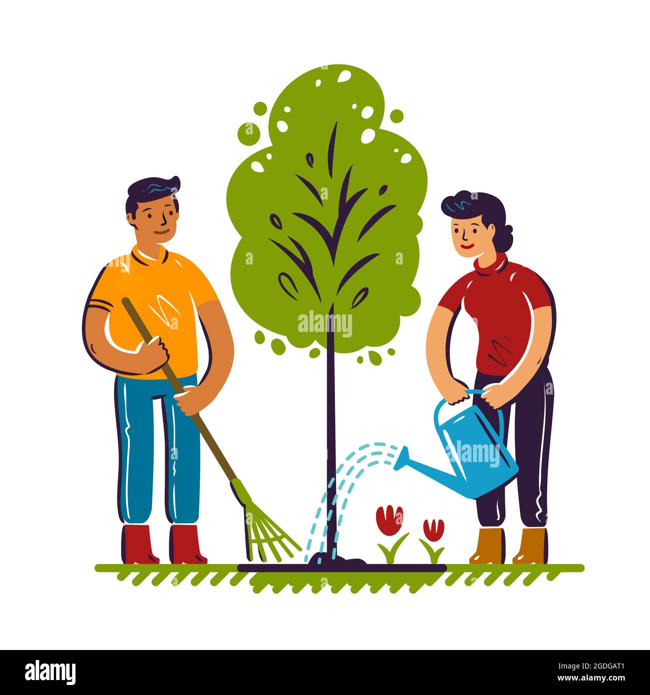 Young men and women plant trees. Ecology, better environment, volunteer concept projects Stock Vector