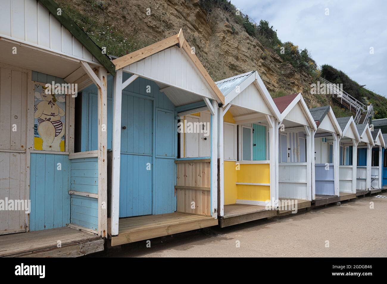 Angled view of colourful new beach huts at Swanage Stock Photo