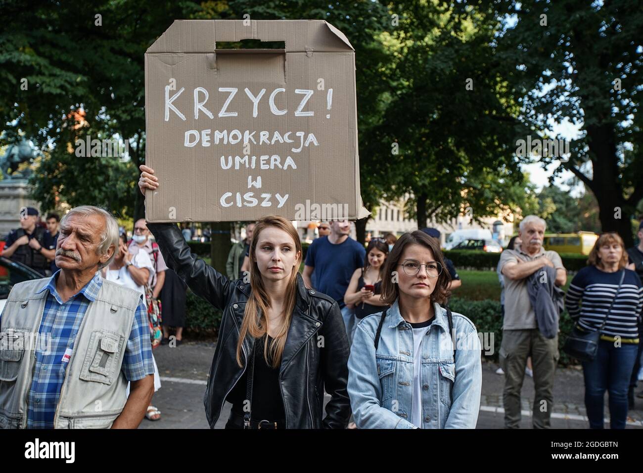 Gdansk, Poland 12th, August 2021 Protester holding banner that speaks