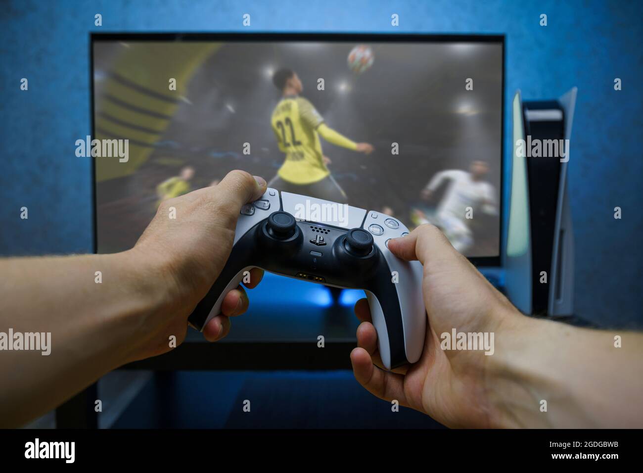 FIFA 2021 football video game on new generation Sony Playstation 5 video  console. Point of view shot Stock Photo - Alamy