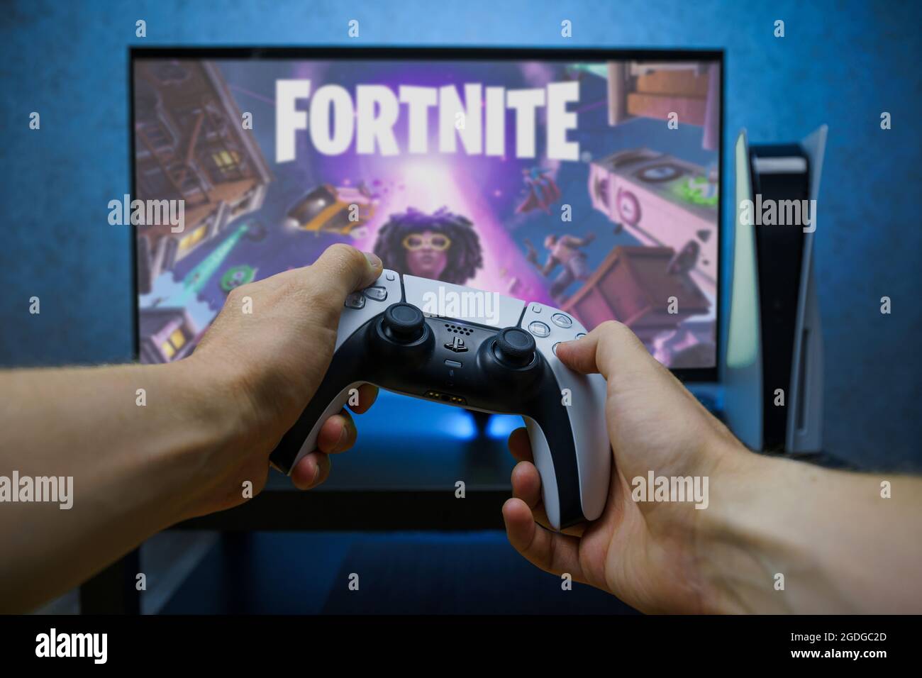 Fortnite video game on new generation Sony Playstation 5 video console.  Point of view shot Stock Photo - Alamy