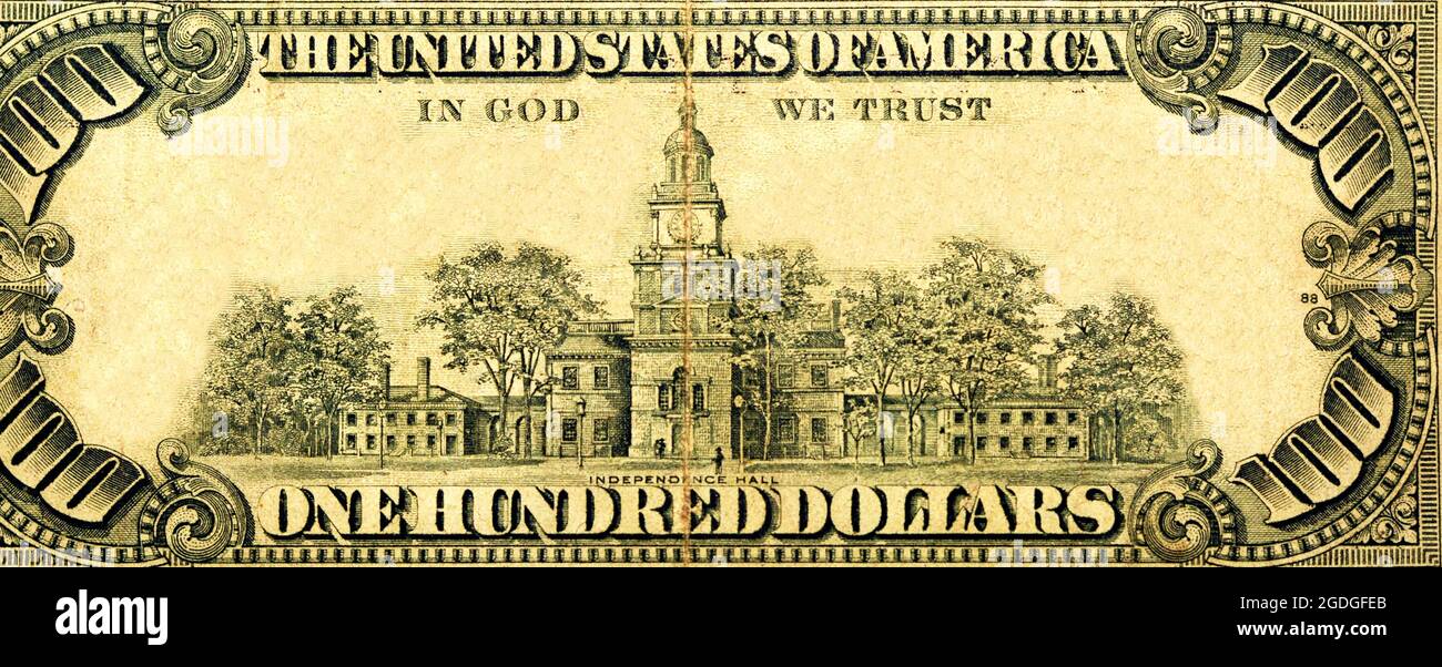 reverse side of 100 one hundred dollars bill banknote series 1988 with independence hall, old American money banknote, vintage retro, United States Stock Photo