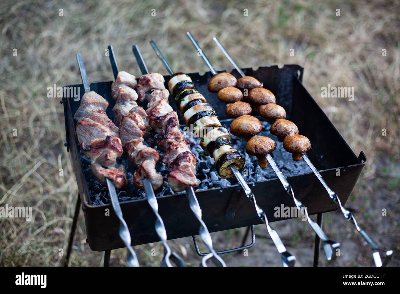 Shish kebab of meat skewered on a grill close-up outdoors Stock Photo -  Alamy