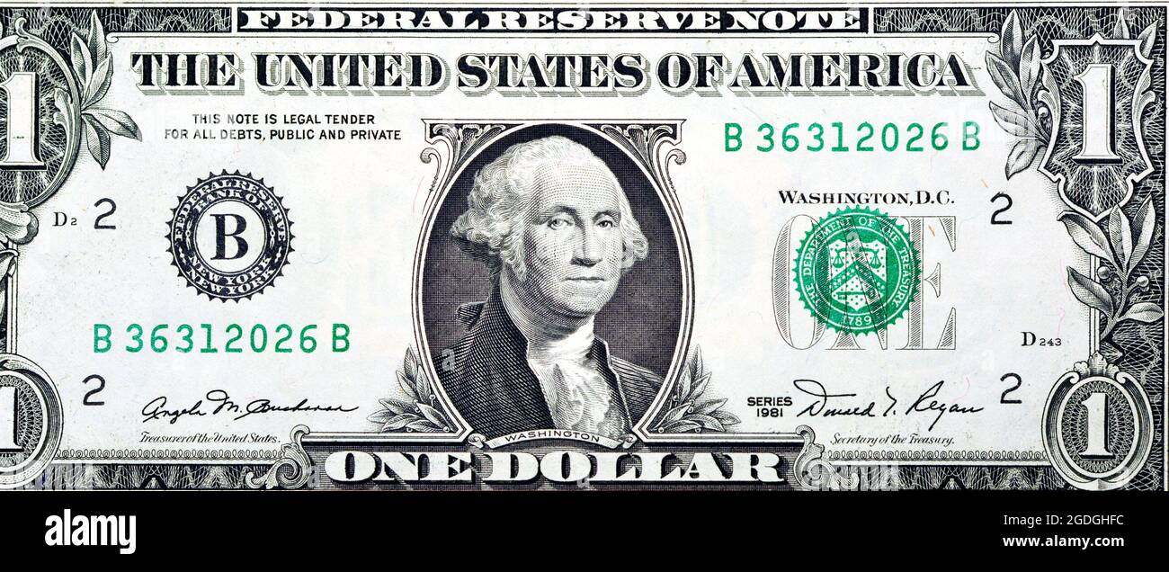Obverse side of 1 one dollar bill banknote series 1981 with the portrait of president George Washington, old American money banknote, vintage retro Stock Photo