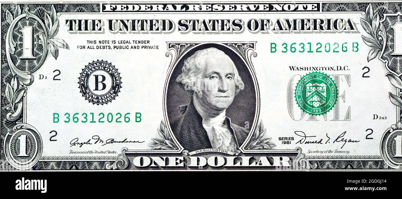 Obverse side of 1 one dollar bill banknote series 1981 with the portrait of president George Washington, old American money banknote, vintage retro Stock Photo