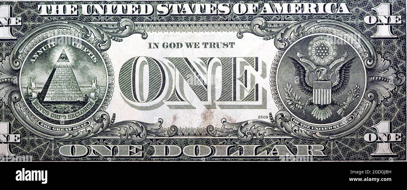 reverse side of 1 one dollar bill banknote series 1981 with the great seal of the United States, old American money banknote, vintage retro, USA Stock Photo