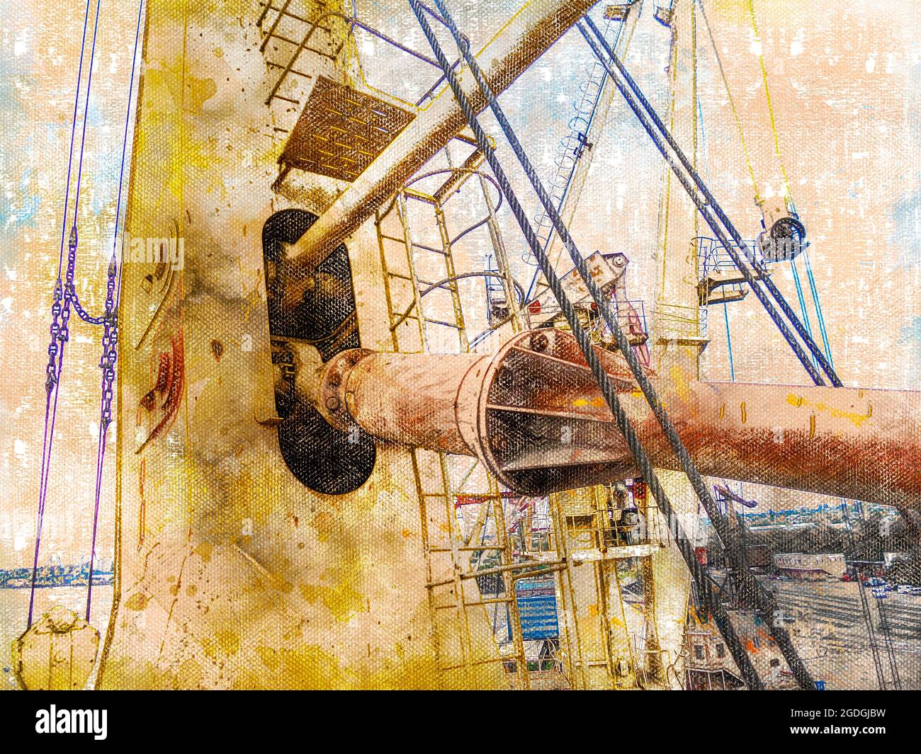 Digital watercolor painting. Contemporary Art. Industry. Port crane. Cargo beam angle control mechanism. Gear with motor and counterweight beam. Gantr Stock Photo