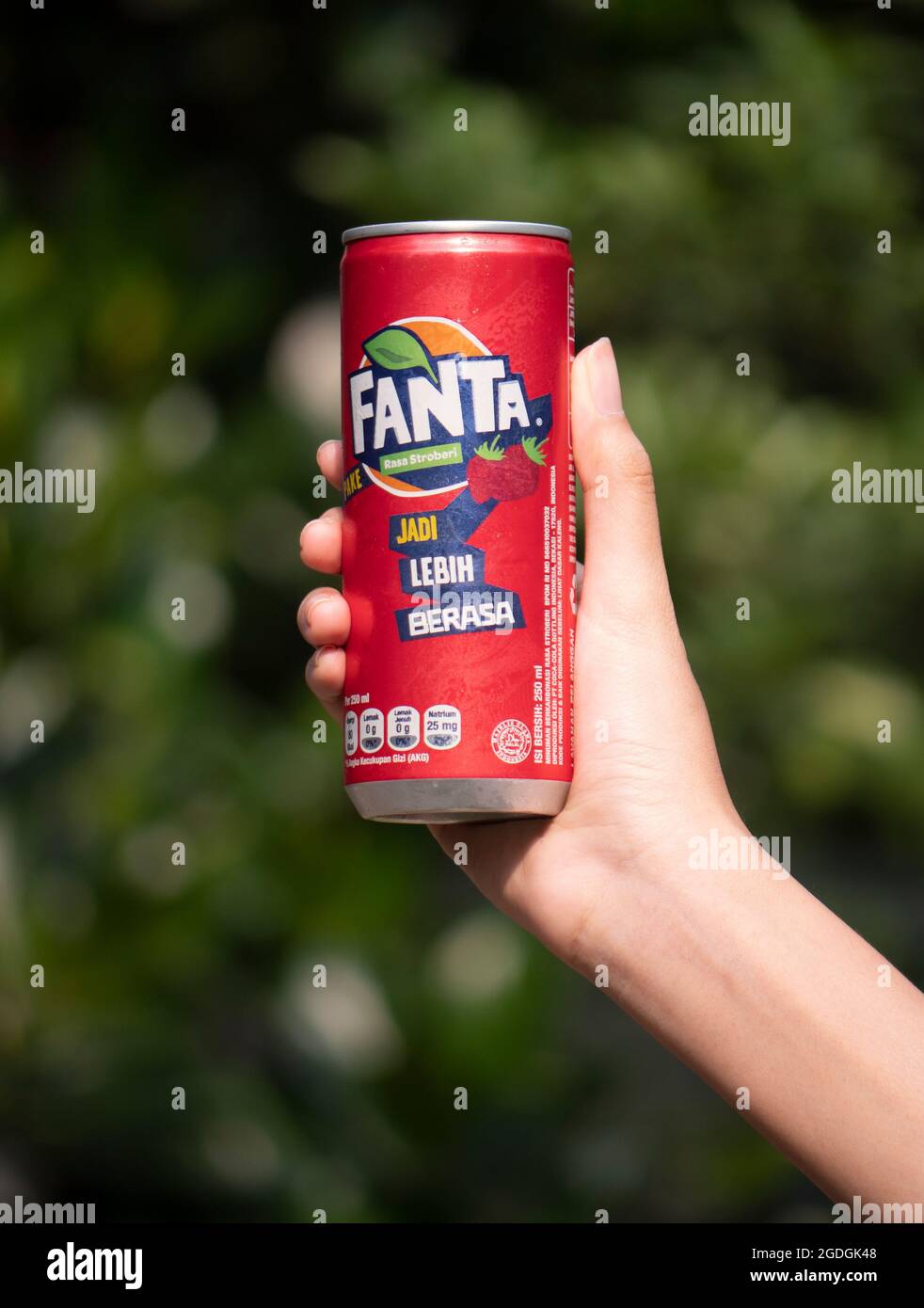 Jakarta, Indonesia-August 13, 2021: close up of a hand holding a soft drink can on a blurry leaf background Stock Photo