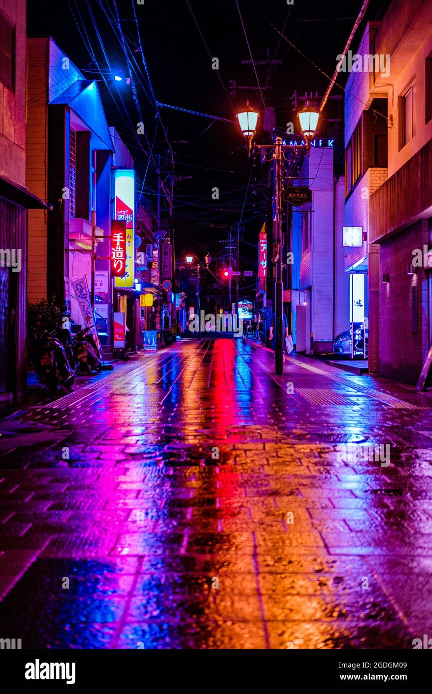 the view of Japanese street near Tokyo at night with lively color Stock Photo