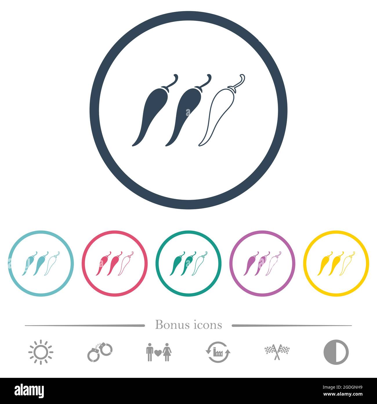 Spicy chili pepper level flat color icons in round outlines. 6 bonus ...