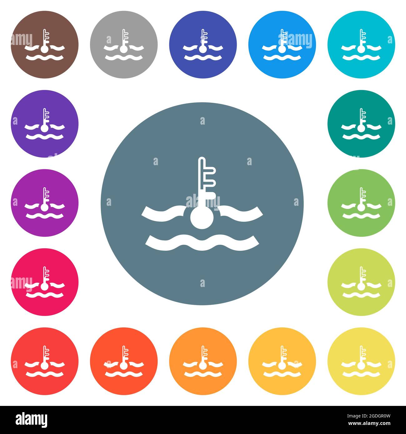 Normal temperature engine coolant flat white icons on round color ...
