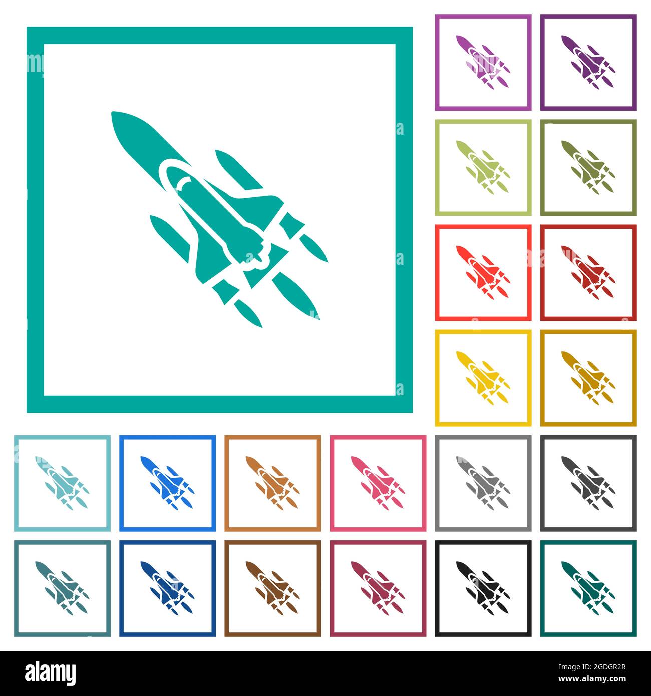 Space shuttle with launchers flat color icons with quadrant frames on ...
