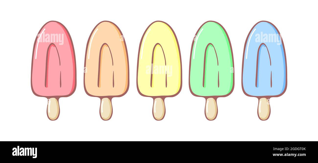 Set of pastel rainbow ice cream icons vector illustration. Kids collection of sunblind and popsicle in pastel colors isolated on white Stock Vector