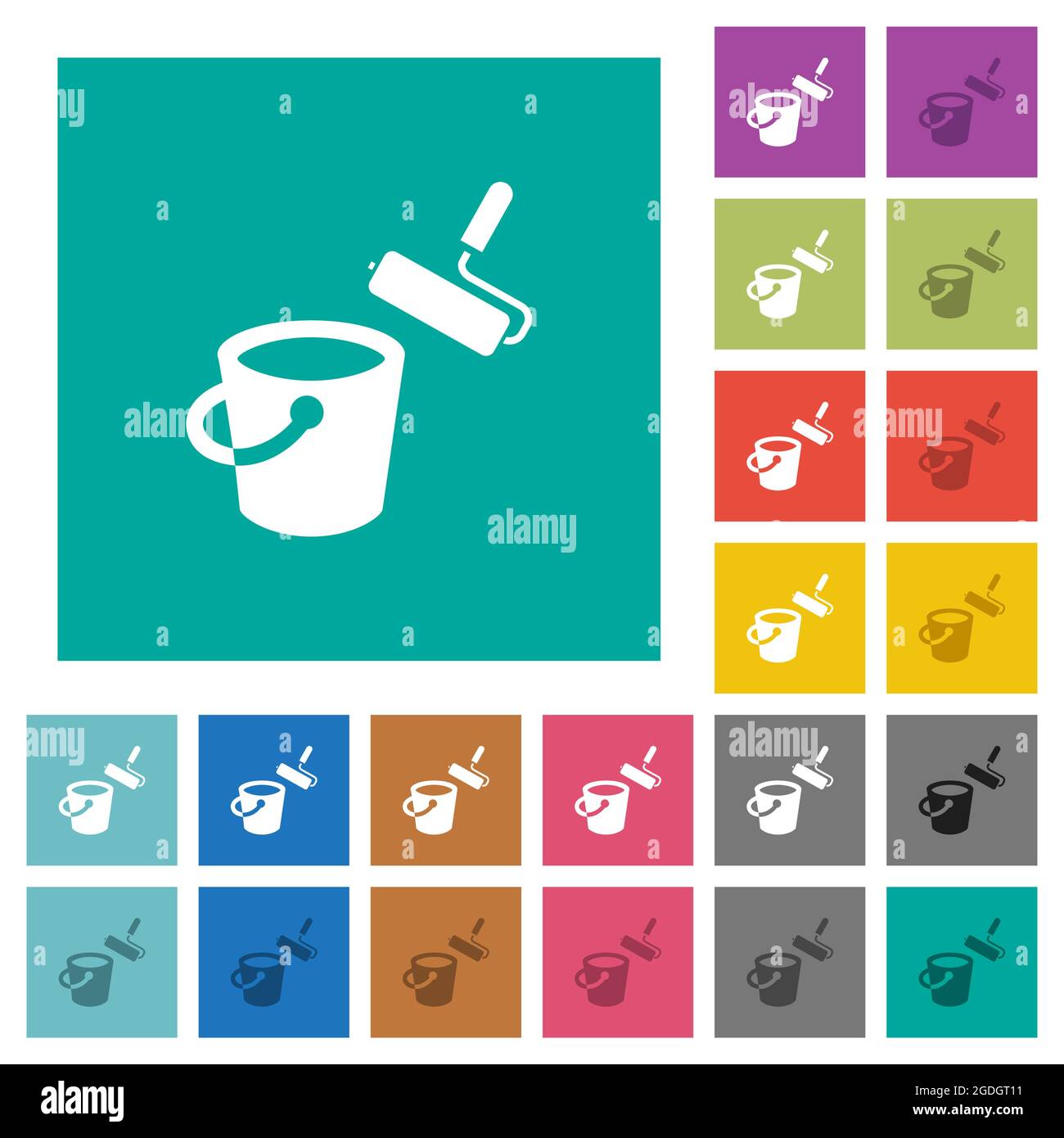 Paint bucket and paint roller multi colored flat icons on plain square ...