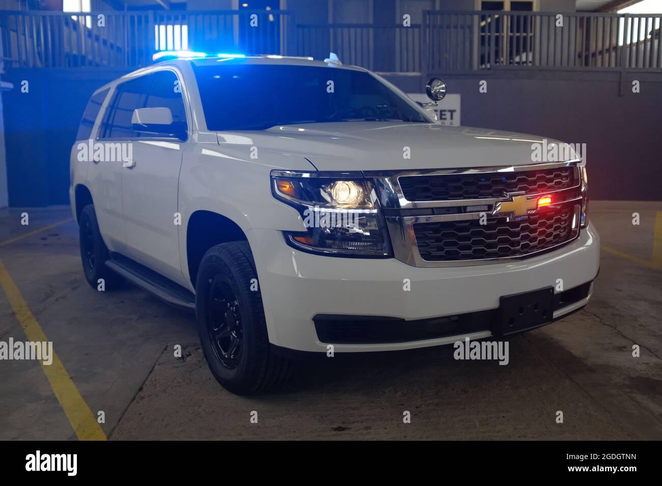 AUSTIN, UNITED STATES - Apr 04, 2021: A closeup shot of a brand new Chevy Tahoe truck in a shop in Austin,  United States Stock Photo