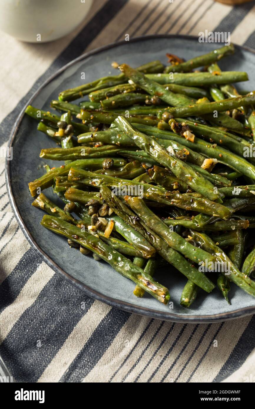 Healthy Homemade Roasted Green Beans with Garlic and Capers Stock Photo