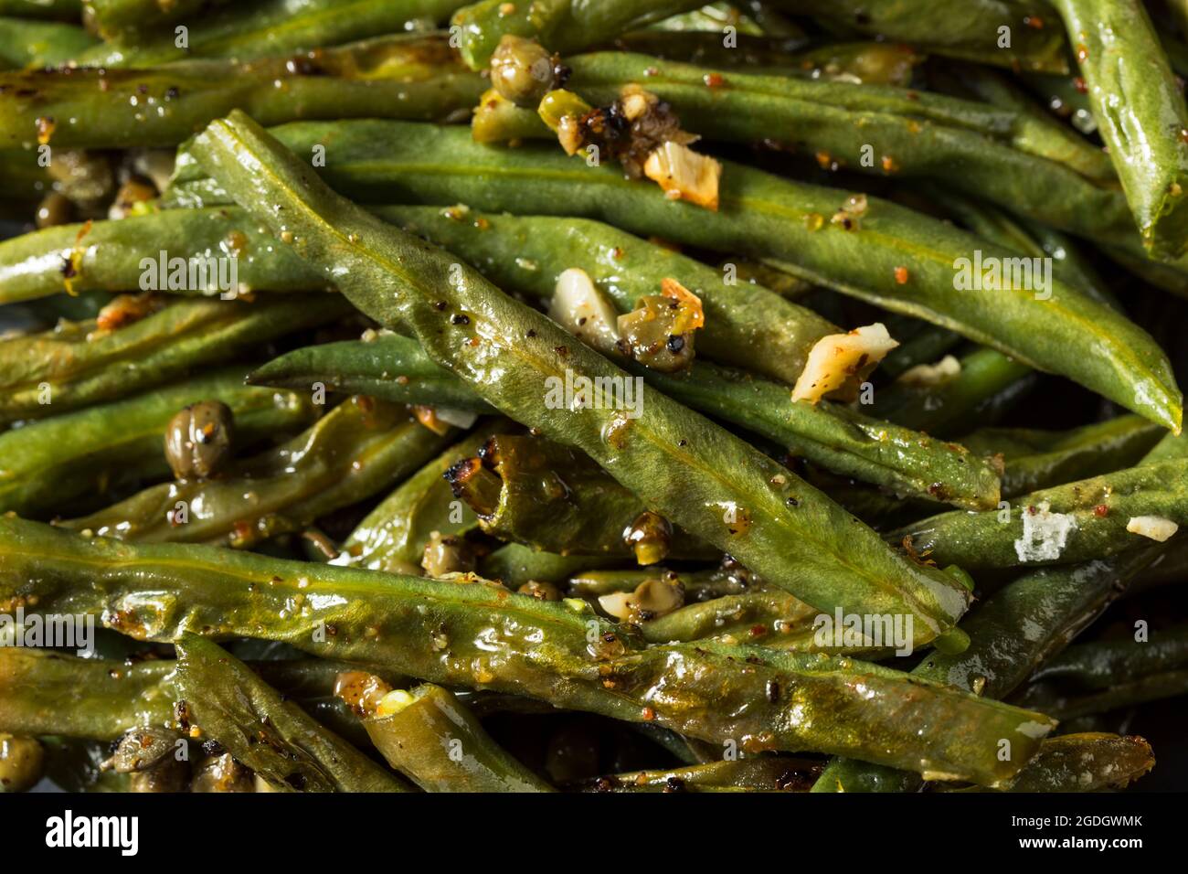 Healthy Homemade Roasted Green Beans with Garlic and Capers Stock Photo