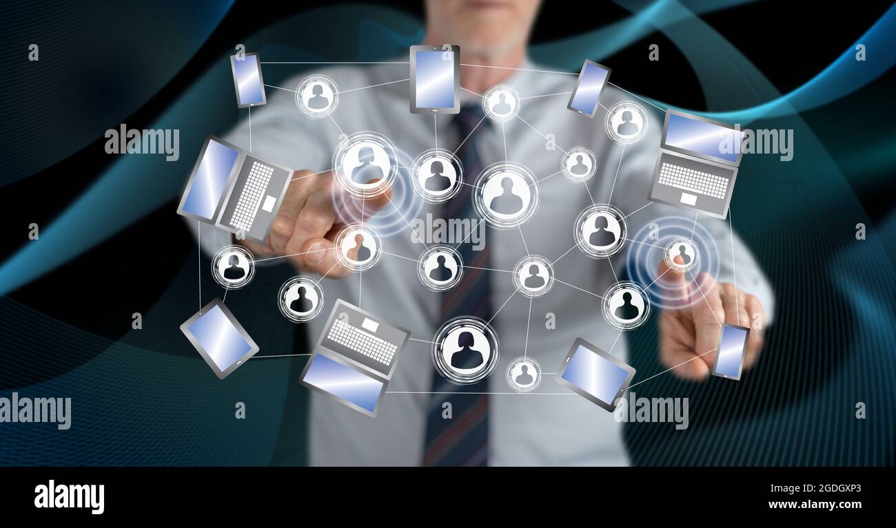 Man touching a social network connection concept on a touch screen with ...