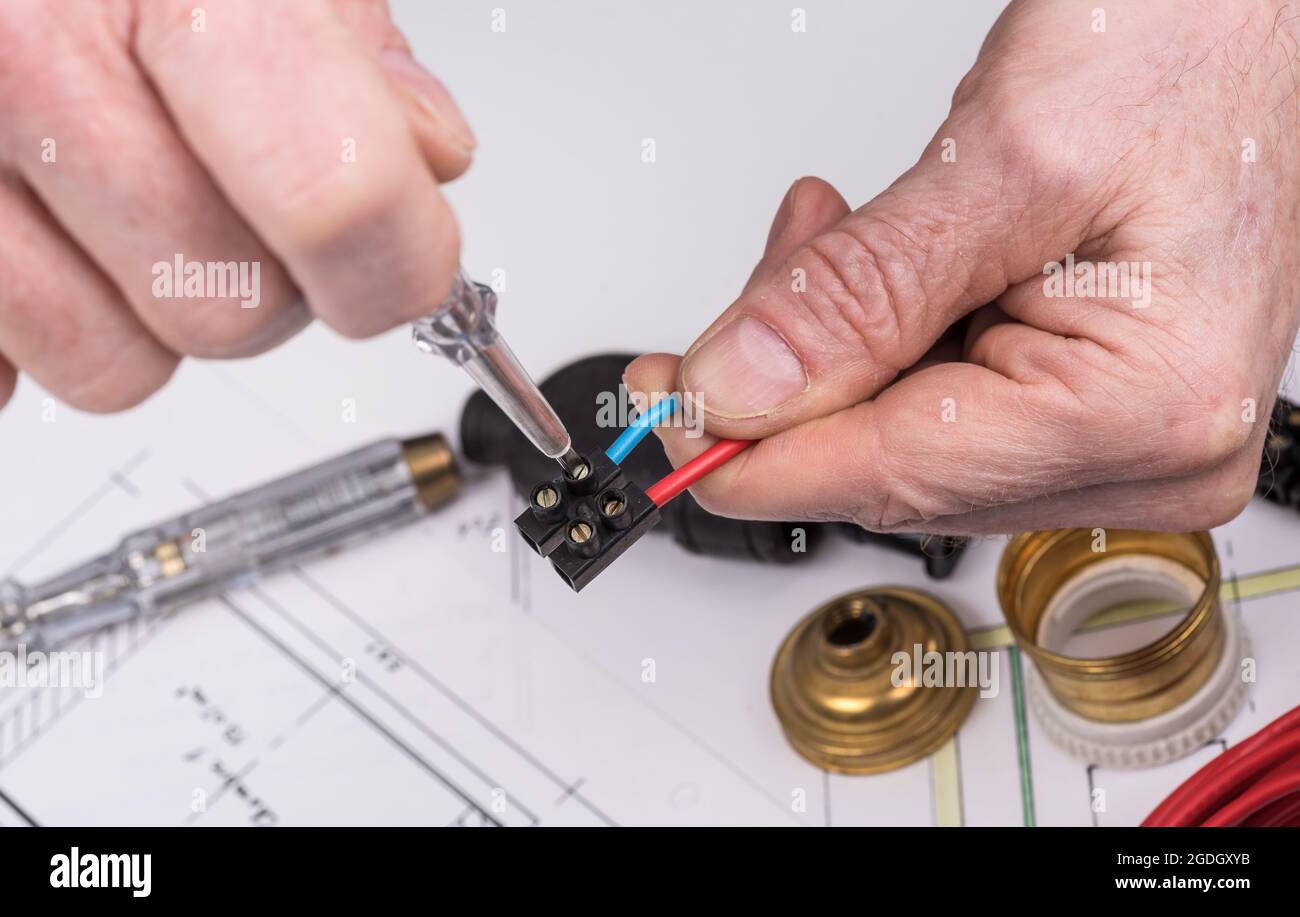 Clamping a wire in a connector Stock Photo