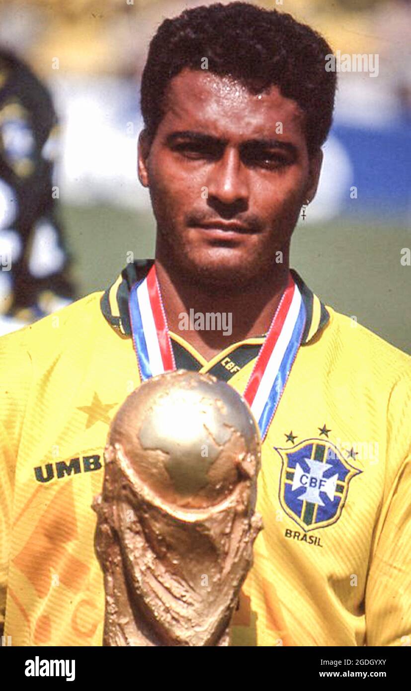Former Brazilian superstar Romario holds the 1994 FIFA World Cup after Brazil had defeated Italy in the final Stock Photo