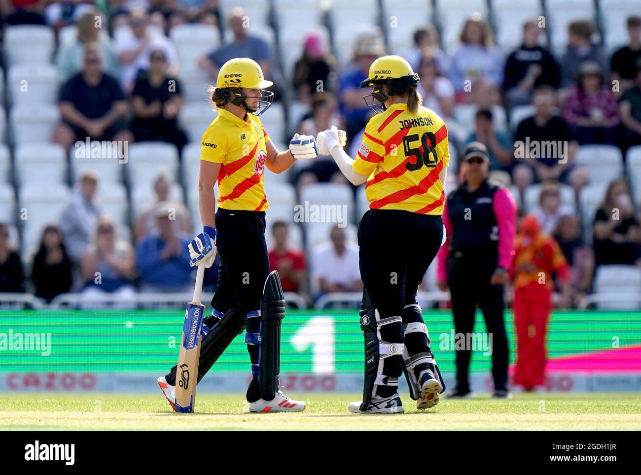 Trent Rockets Nat Sciver (left) and Sammy-Jo Johnson during The Hundred match at Trent Bridge, Nottingham. Picture date: Friday August 13, 2021. Stock Photo