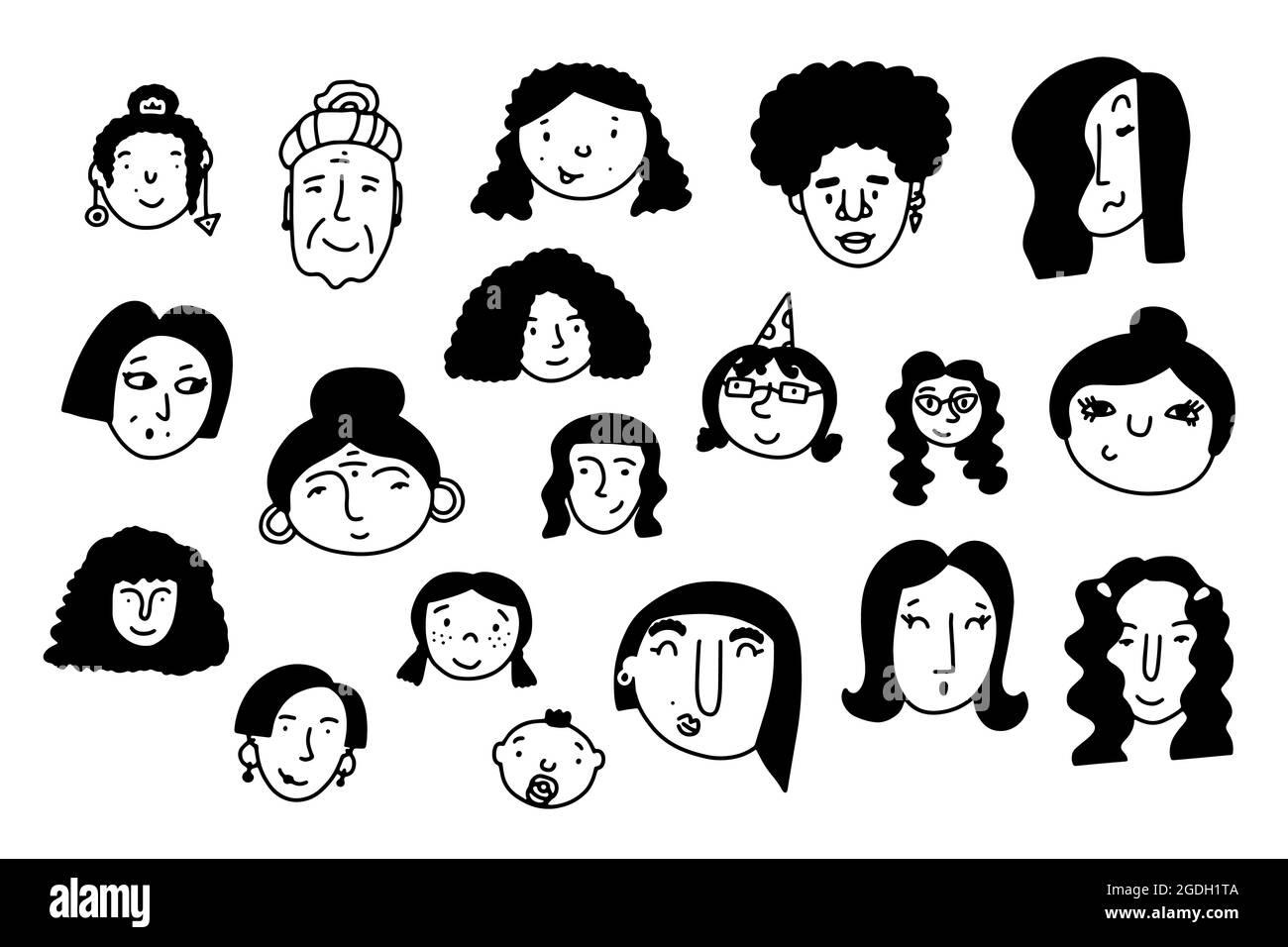 Doodle girls face set. Hand-drawn outline people isolated on white background. Human Avatar Collection. Cartoon young, old women. Female portraits. Di Stock Vector