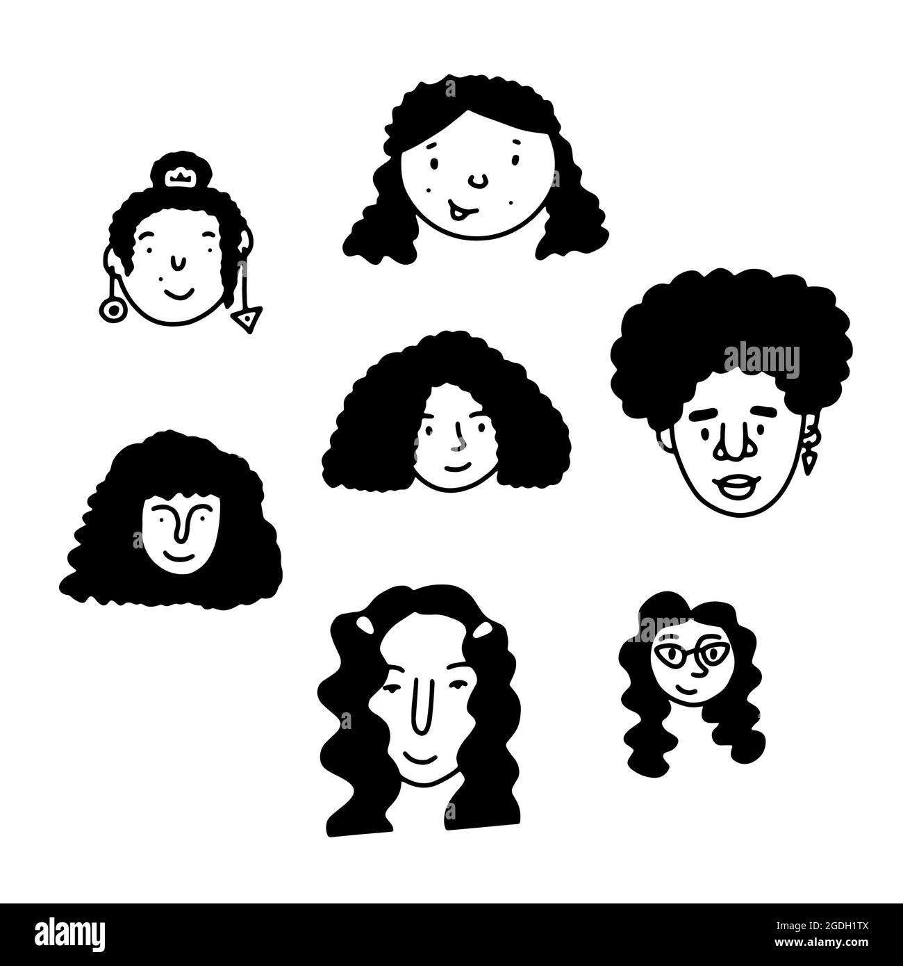 Doodle smiling girls face set. Hand-drawn outline people isolated on white background. Human Avatar Collection. Cartoon young curly women. Female port Stock Vector