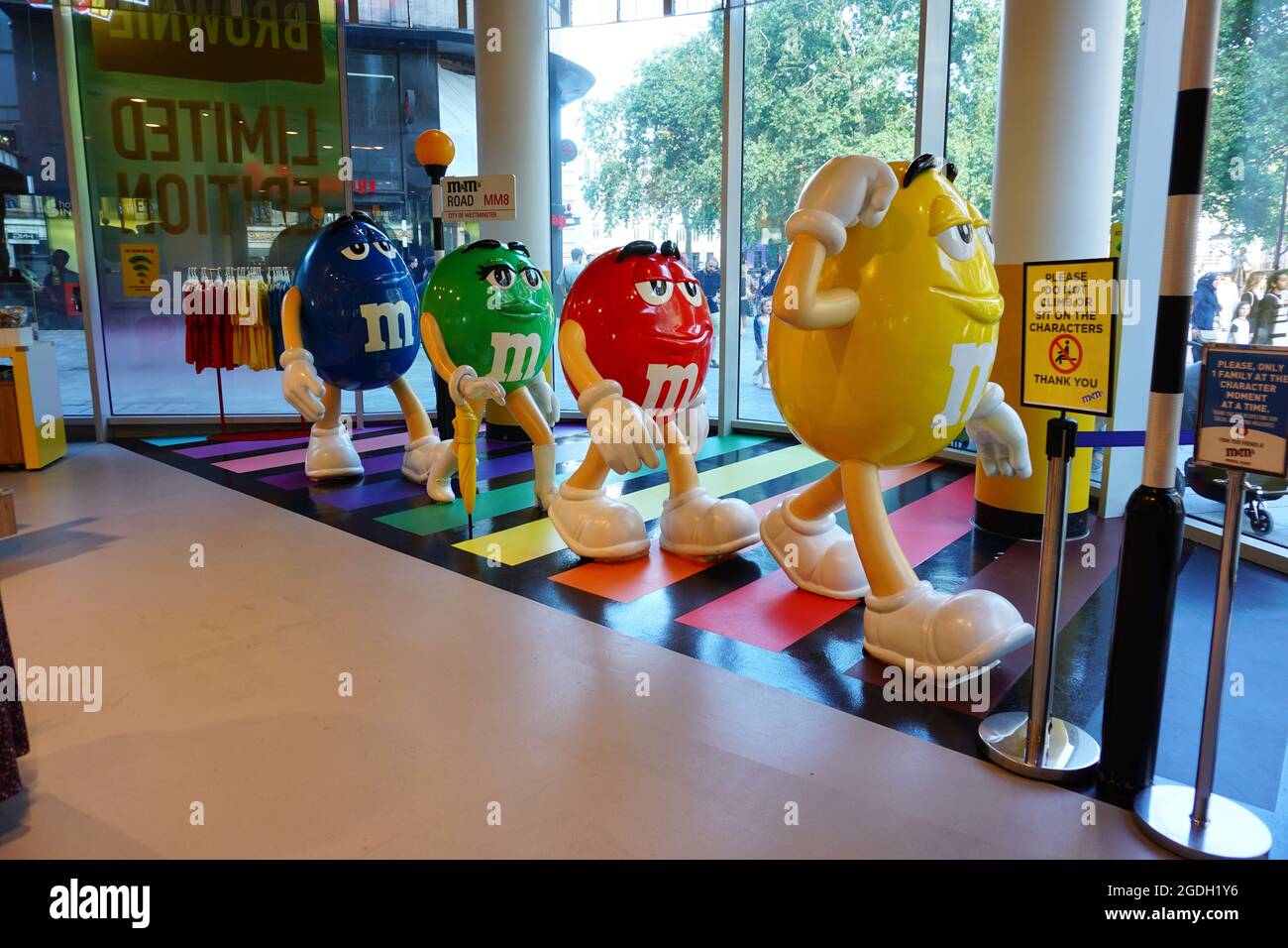 M&M's waiting in a row in M&M  World, Leicester Square, London, United Kingdom Stock Photo