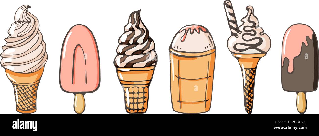 Set of ice cream icons vector doodle illustration. Kids collection of sunblind and popsicle in cone isolated on white background. Vector illustration Stock Vector