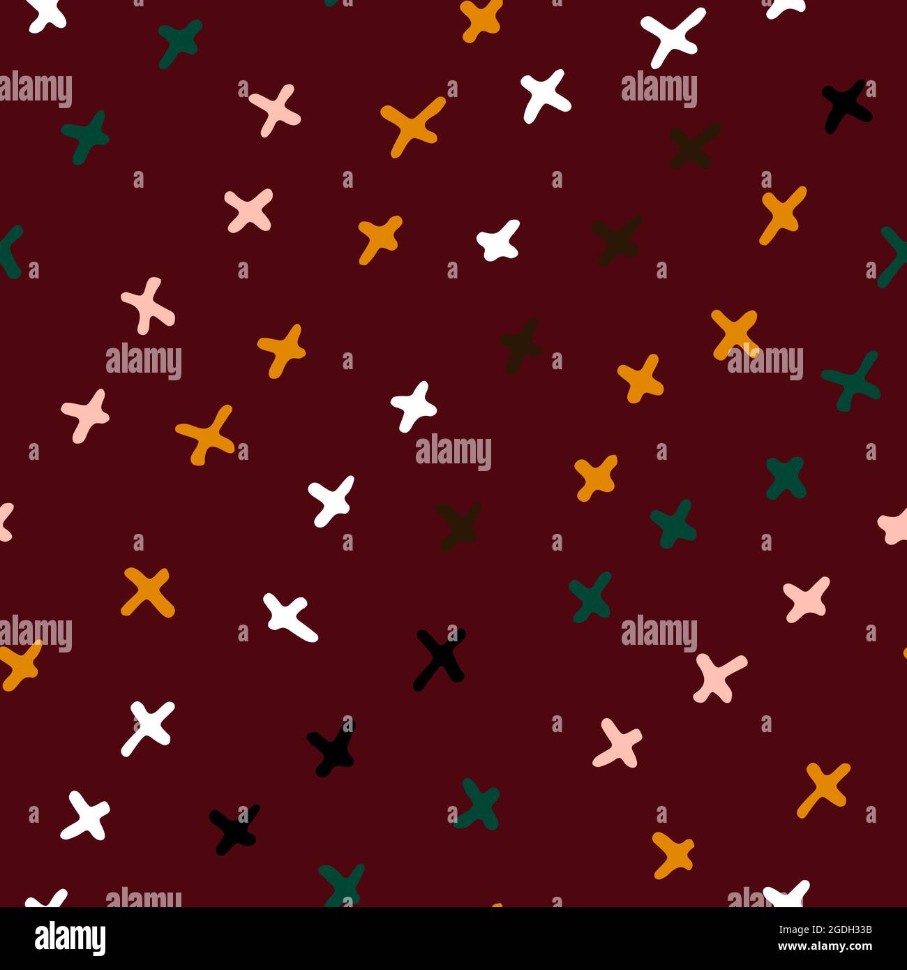 Seamless Scandinavian pattern. Strips of Yellow, pink, black hand-drawn crosses on red background. Winter cozy ornament. Vector doodle illustrations f Stock Vector